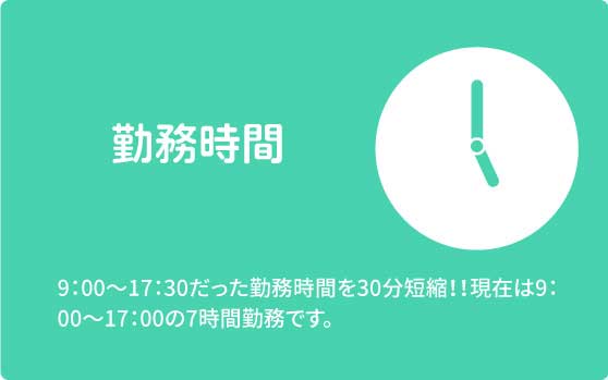 勤務時間　9：00～17：30だった勤務時間を30分短縮！！現在は9：00～17：00の7時間勤務です。